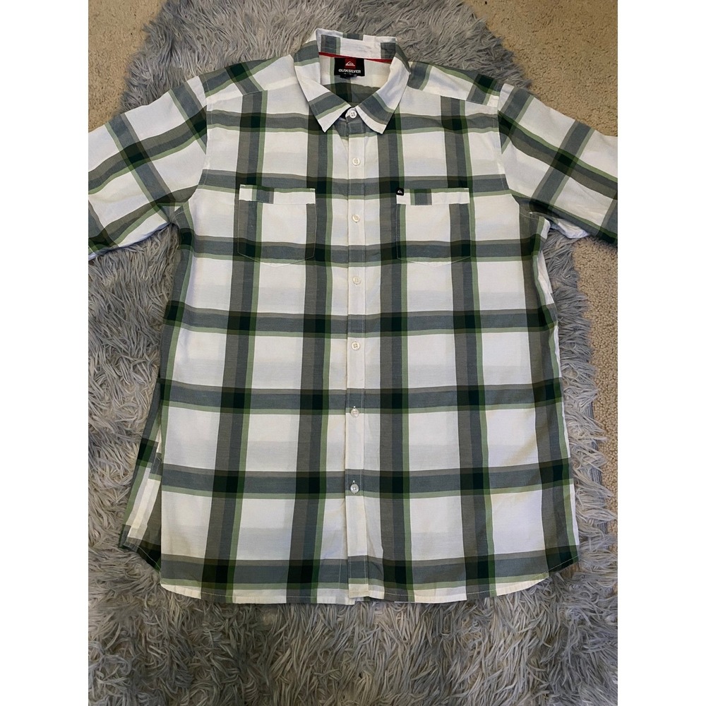 Quiksilver Men's Shirt XL Plaid Green White‎ Short Sleeve Button Front Casual